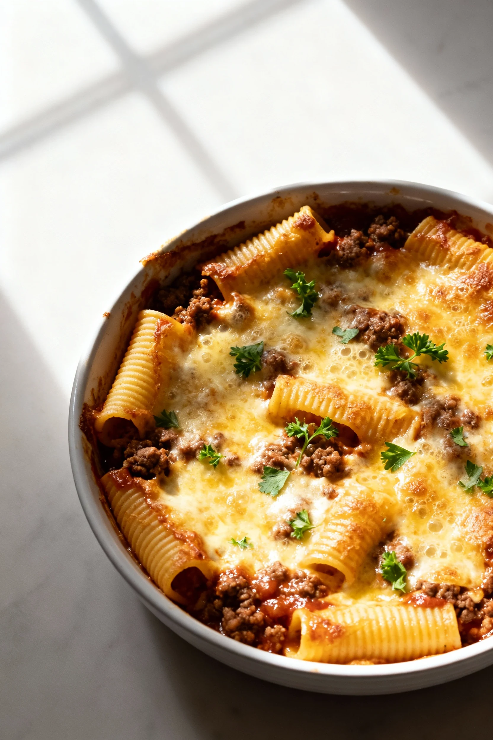 Bubbly baked ground beef casserole just out of the oven: golden, crispy cheese at the edges, glossy beefy sauce peeking 