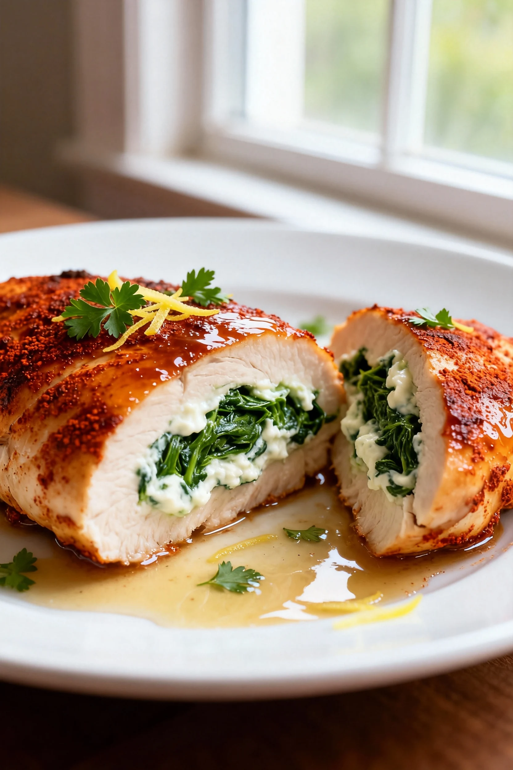Close-up of sliced spinach and ricotta stuffed chicken breast, paprika-seared crust glistening with pan juices, creamy g