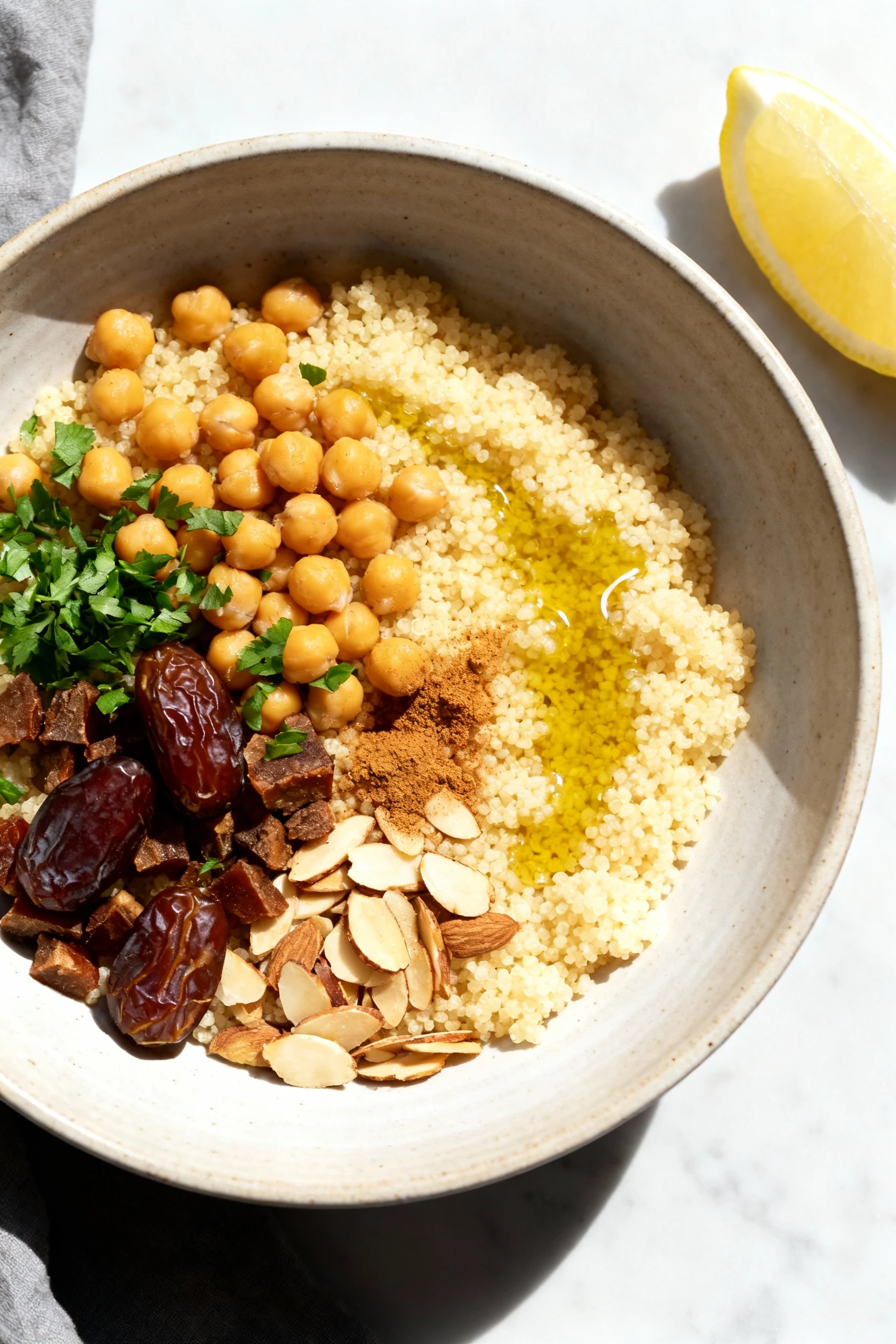 Overhead shot of Quick Couscous with Dates, Chickpeas, and Almonds in a wide ceramic bowl—fluffy couscous, golden chickp