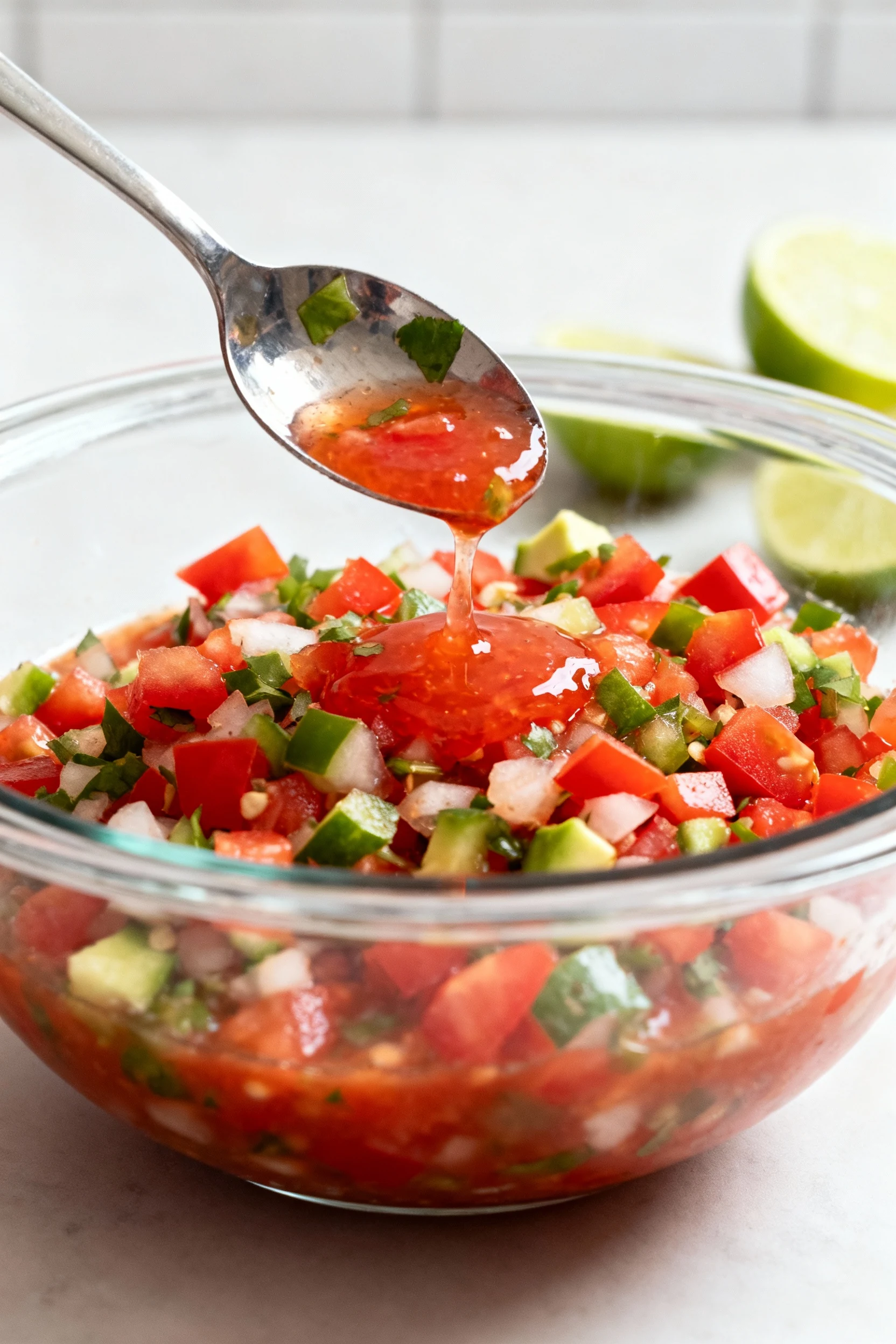 3. Cooking process: mixed pico de gallo resting 5–10 minutes in a glass bowl, a small tomato–lime puddle being skimmed w