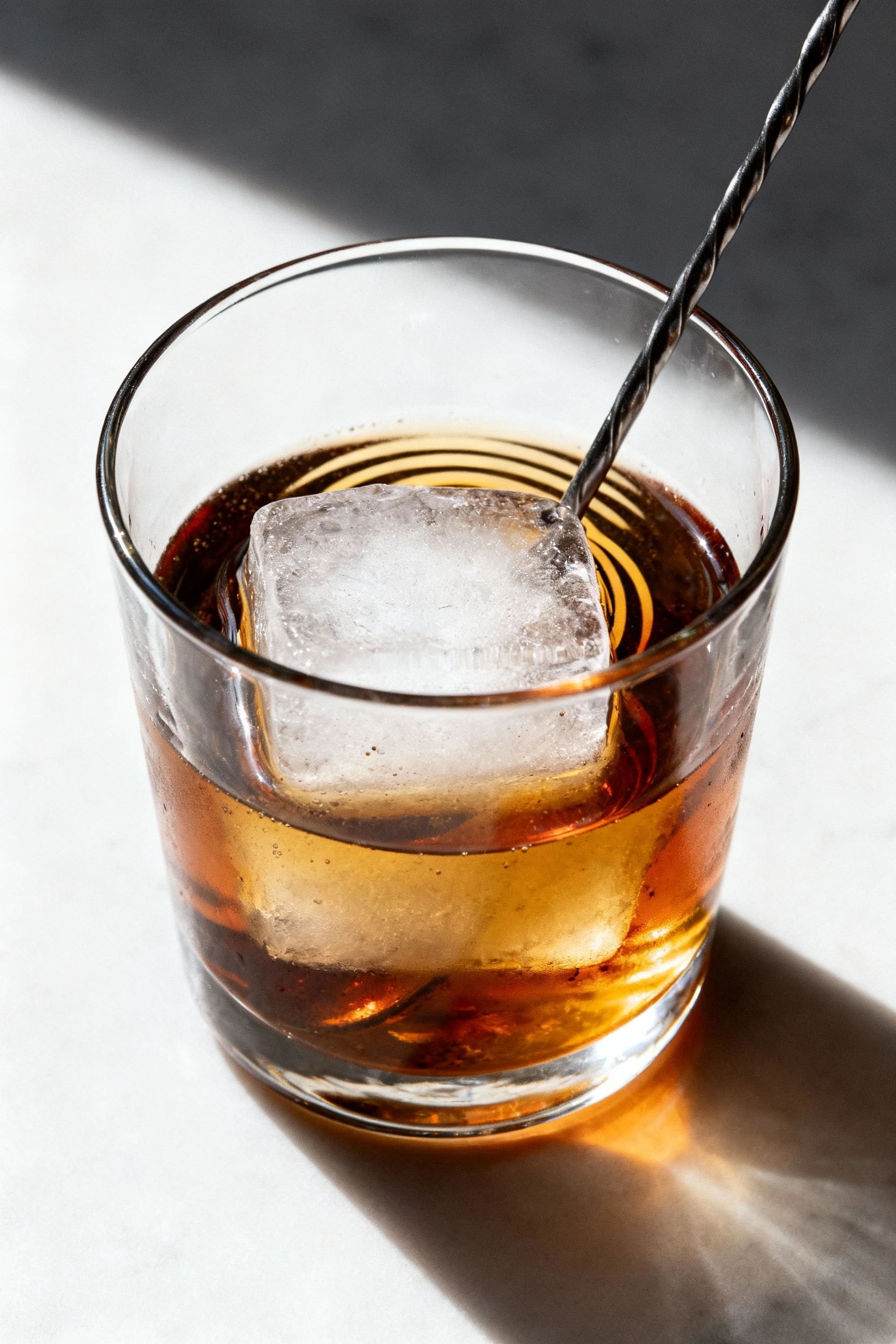 Process shot: Old Fashioned being stirred directly in the serving glass—long bar spoon circling a large clear cube, visi