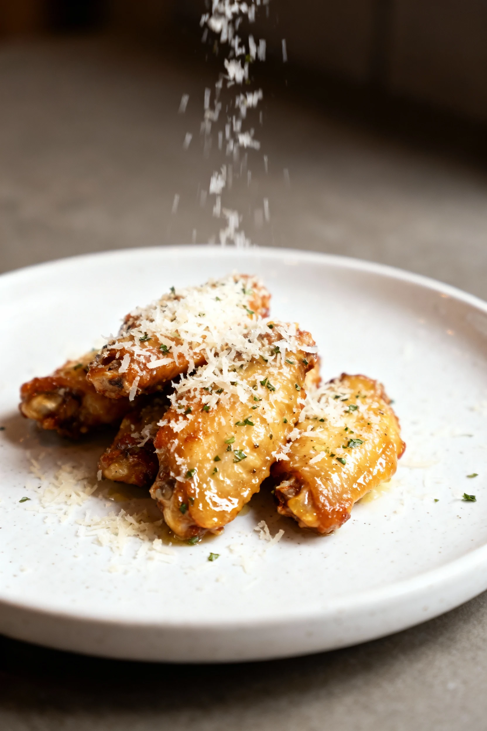 3. Beautifully plated Garlic Parmesan wings on a white ceramic plate, buttery gloss, grated Parmesan and Italian herb fl