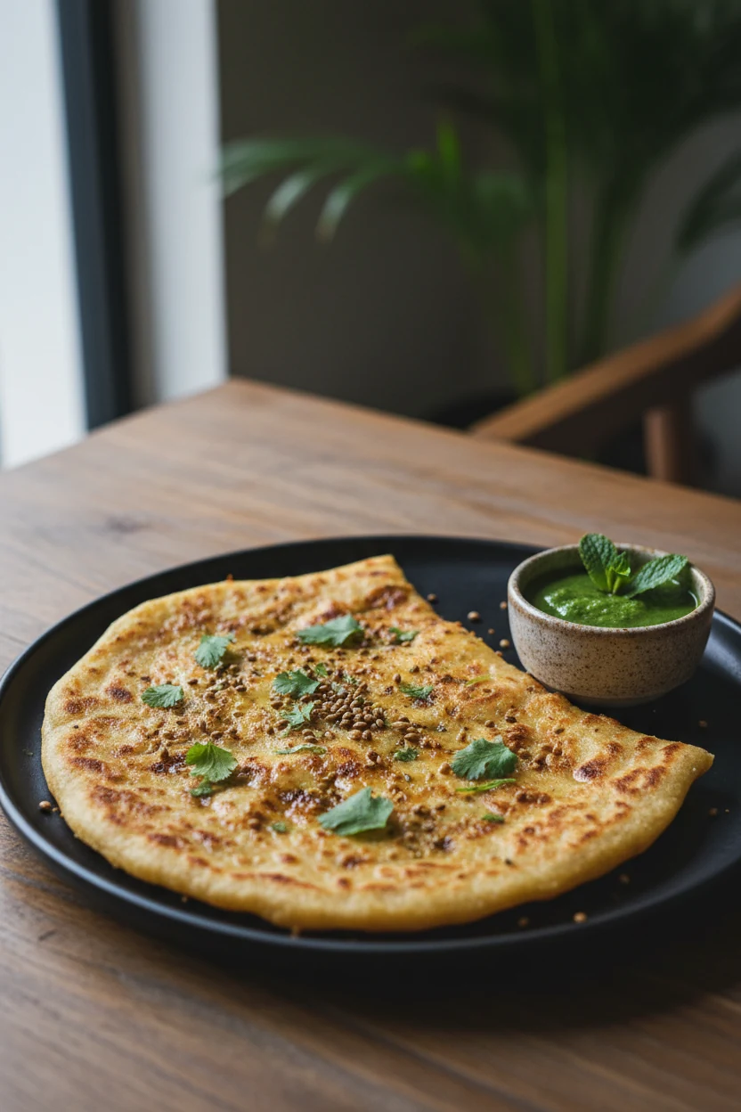 Beautifully plated paneer paratha on a matte black plate, crisp golden spots with a ghee sheen, dusting of crushed coria