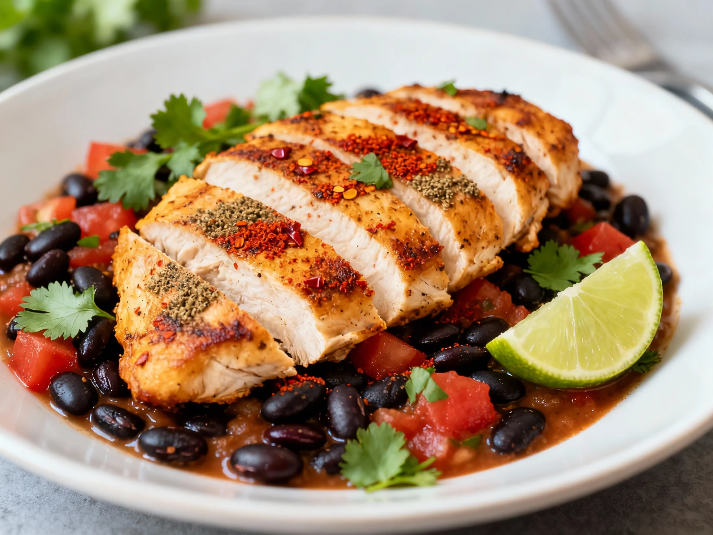 Food photography, Close-up of golden-brown pan-seared chicken slices seasoned with chili powder, cumin, and paprika, res