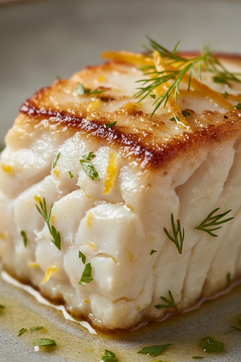 3. Extreme close-up detail of perfectly cooked halibut flakes: moist, just-opaque center glistening with butter–olive oi