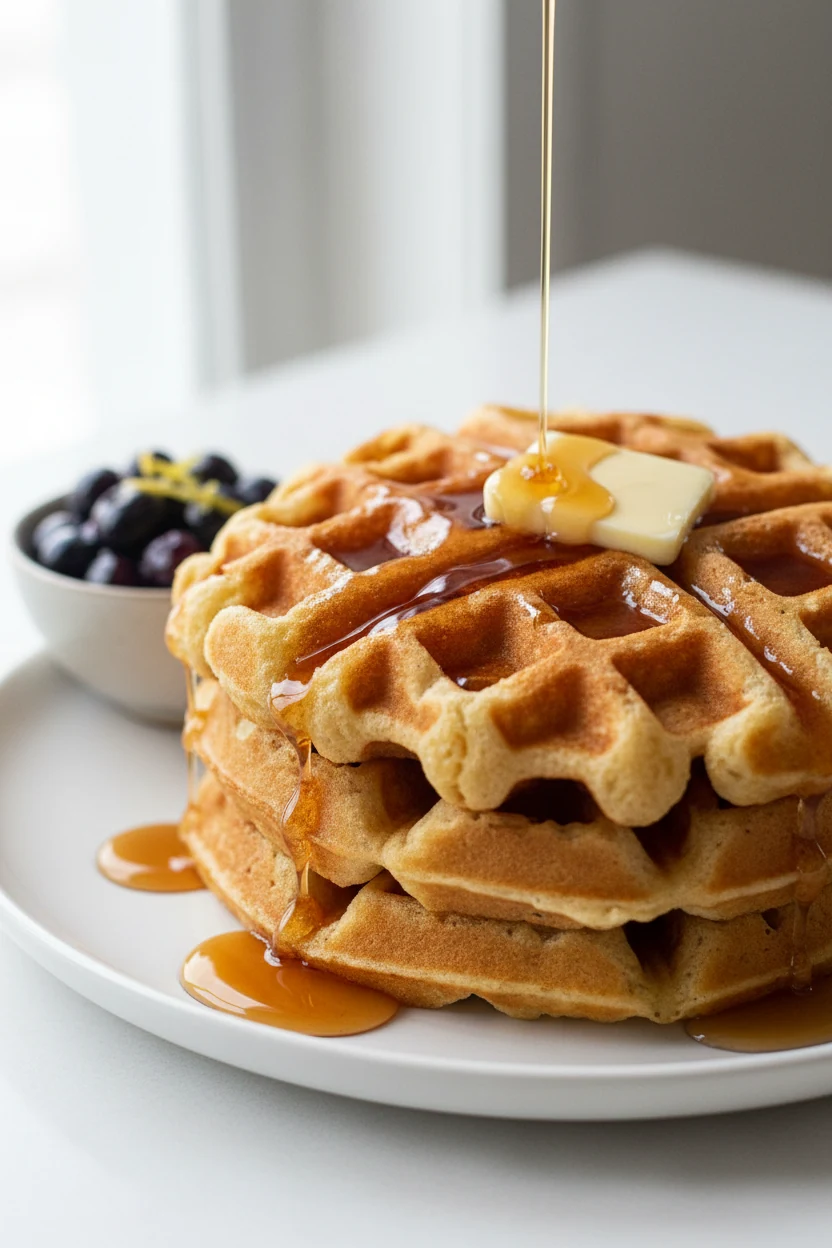 3/4 angle of golden buttermilk waffles (loosened batter) with deeply crisp pockets: maple syrup pooling, pat of butter, 