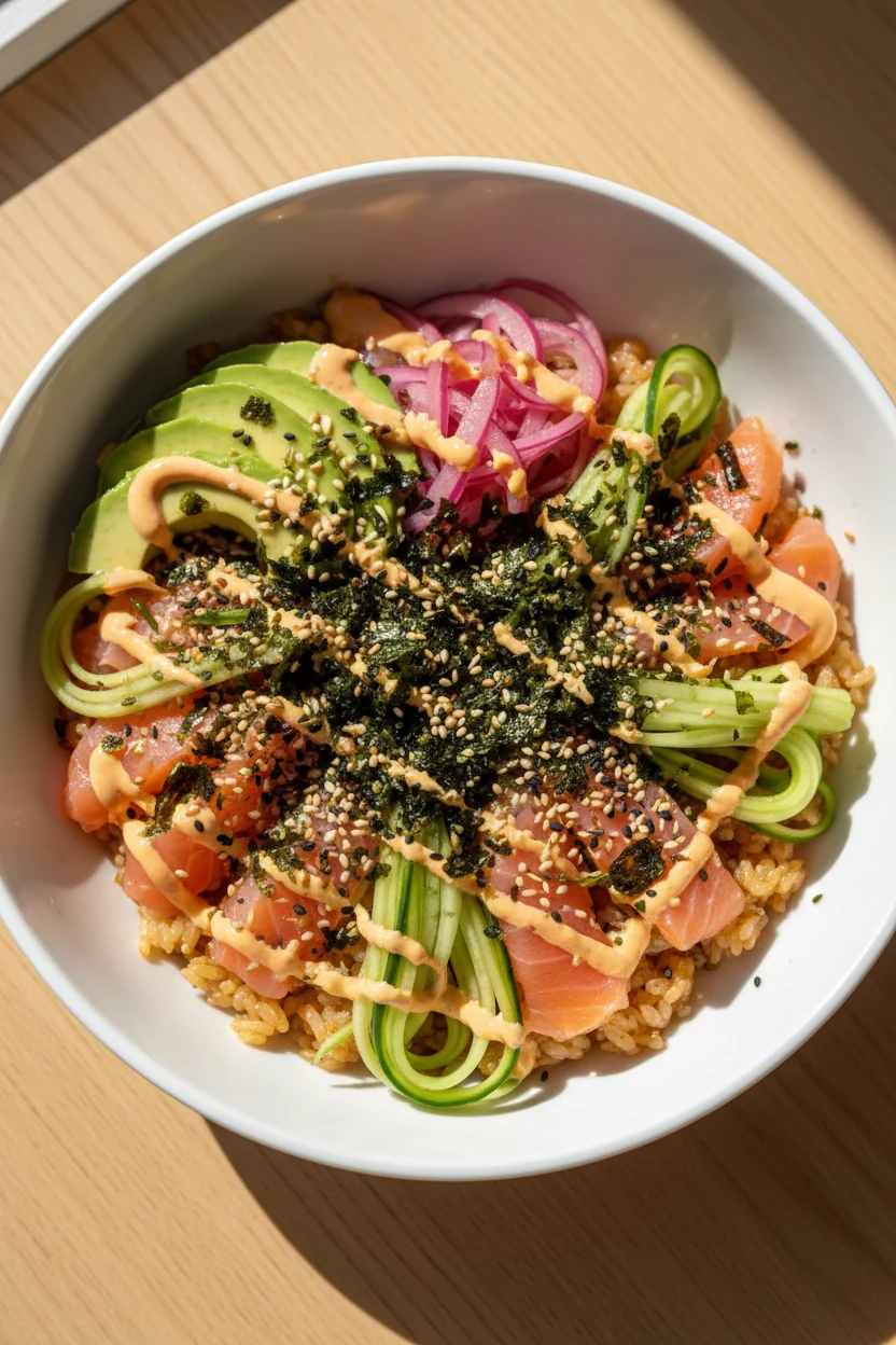 Overhead shot of a crunchy cucumber rice bowl: vinegared warm sushi rice topped with smoked salmon, julienned cucumbers,
