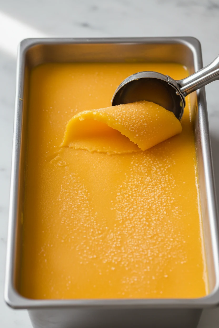 Cooking process: metal scoop carving smooth curls of mango sorbet from a chilled loaf pan, fine frost crystals and gloss
