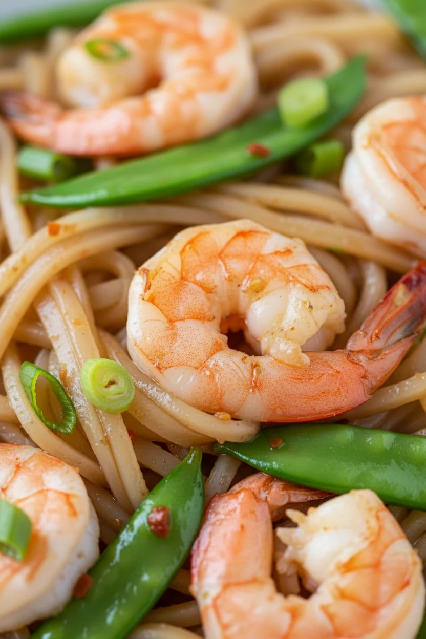 3. Close-up detail: macro of Lemongrass Shrimp rice noodles—pink, lightly charred shrimp nestled in glossy noodles with 