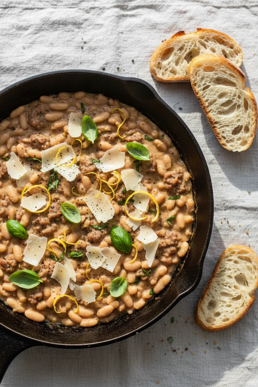 Overhead shot: finished one-pan creamy Tuscan white bean & sausage skillet in cast iron, topped with lemon zest, shaved 
