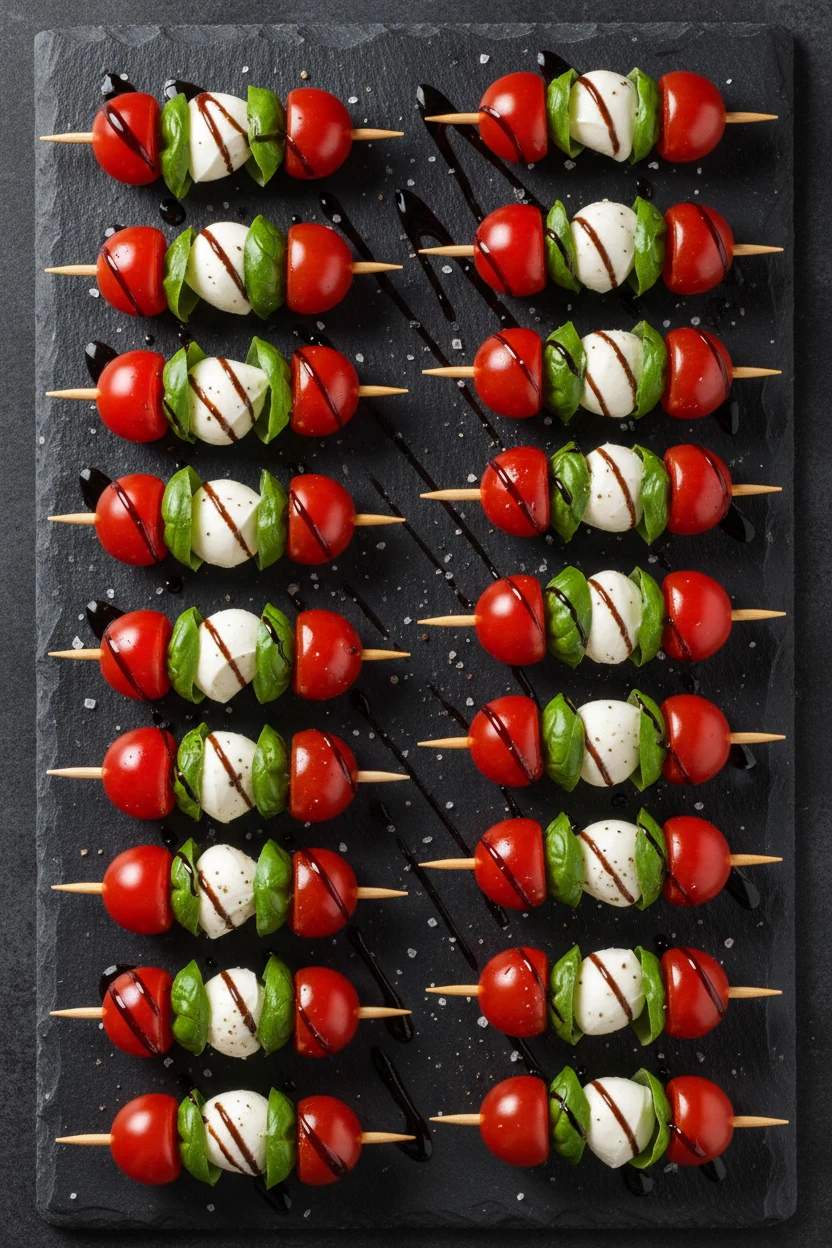 3. Overhead shot of caprese skewers arranged in neat rows on a dark slate platter; alternating cherry tomatoes, mozzarel