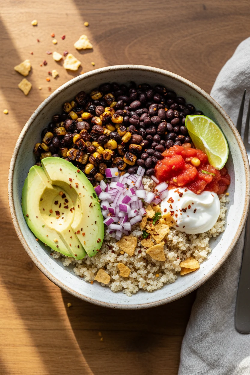 3. Overhead shot of Southwest Black Bean Bowl: neat top-down composition showing fluffy quinoa base, black beans, charre