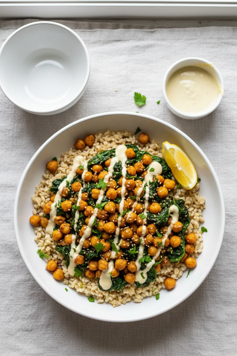 Overhead shot of chickpea–spinach mixture served over fluffy barley, zigzag of silky lemon–tahini sauce, chopped parsley