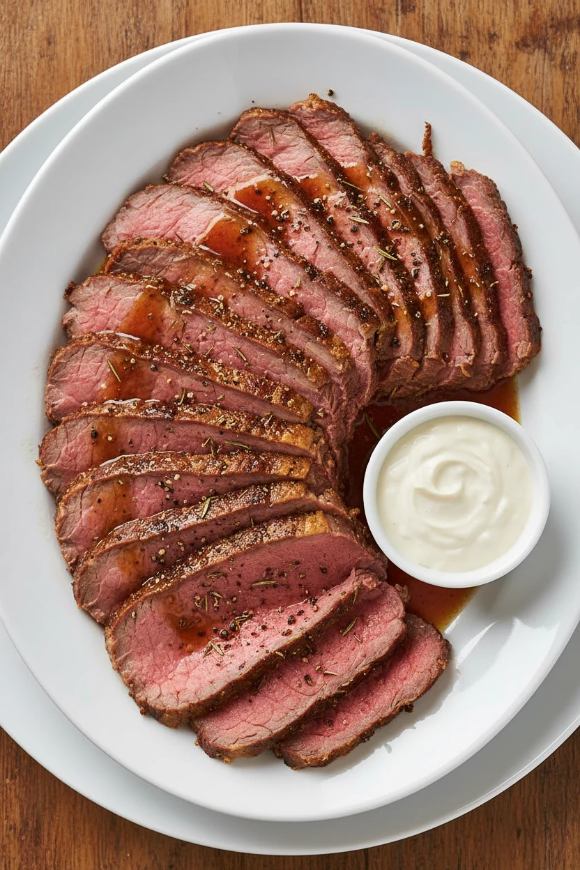 3. Overhead shot of sliced roast beef arranged against the grain on a platter (1/4–1/2 inch thick), edge-to-edge pink wi