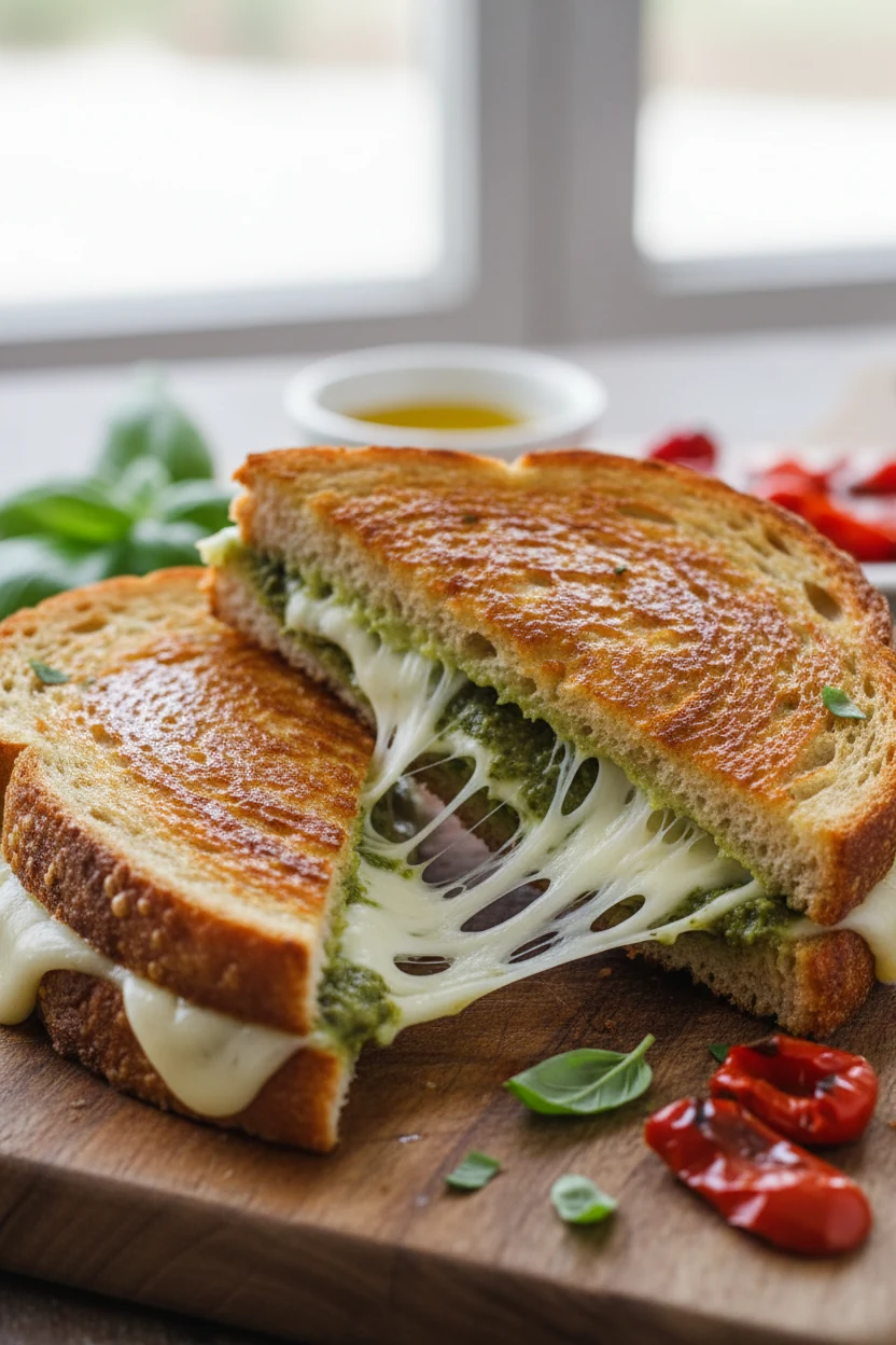 Close-up detail: Italian Market grilled cheese on sourdough with a pesto swipe, 70/30 low-moisture mozzarella + provolon