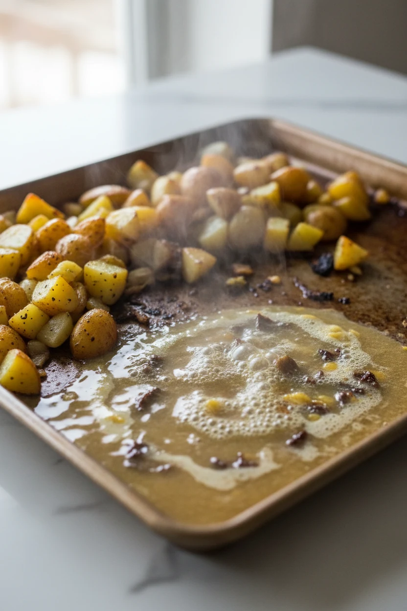 Cooking process: The optional pan sauce moment—sheet pan with roasted potatoes while browned bits sizzle in a splash of 