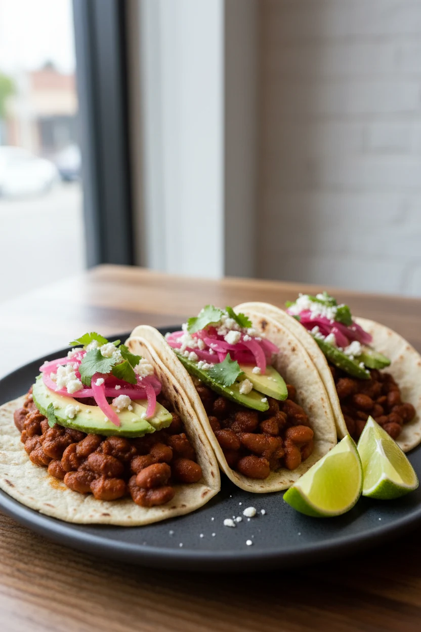 Final plate: Tex-Mex pinto bean tacos with thick reduced filling, chipotle warmth, topped with pickled red onions, avoca
