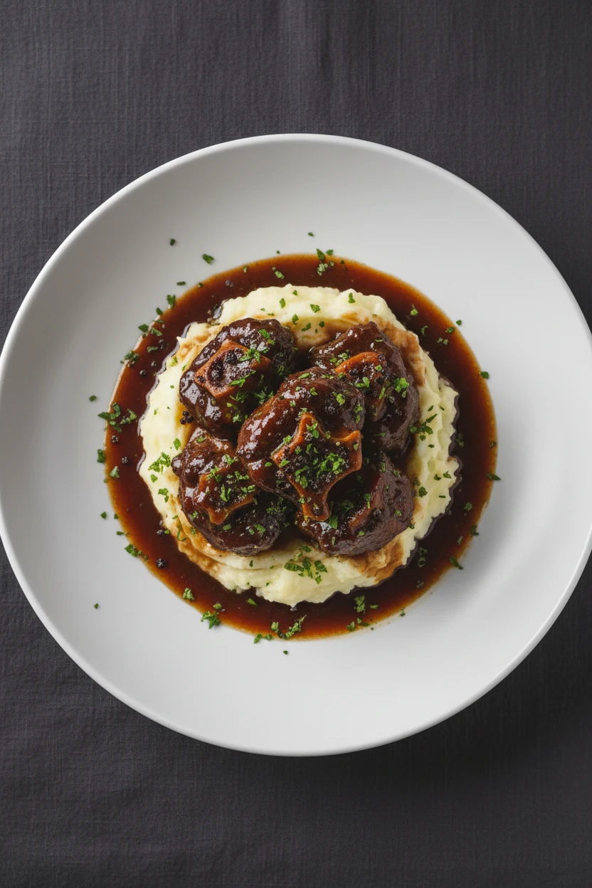 Overhead, restaurant-style plating of fall-apart braised oxtail over creamy mashed potatoes, glossy reduced gravy poolin