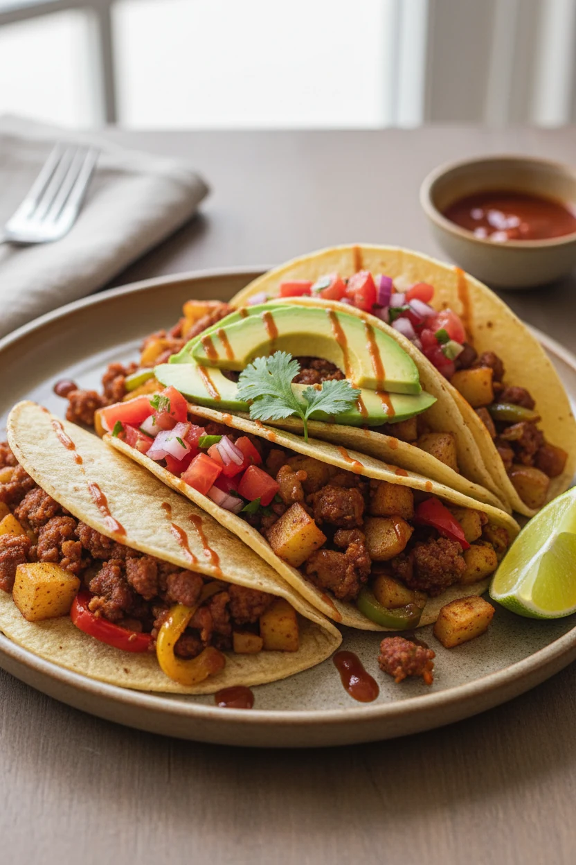 3. Final dish: warm tortillas loaded with chorizo–potato–pepper mix, topped with avocado slices, pico de gallo, cilantro
