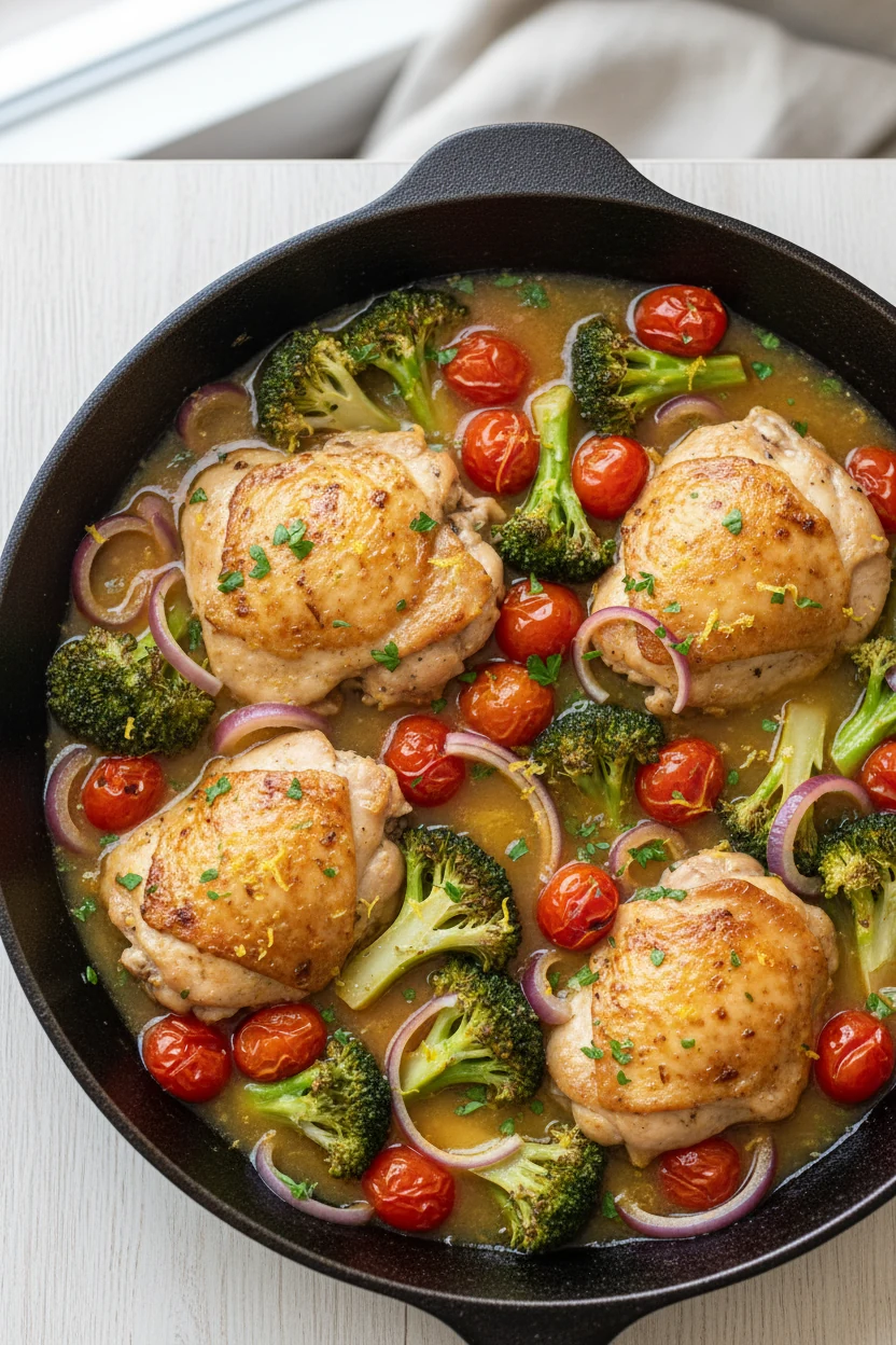 Tasty top view: overhead shot of the finished one-skillet chicken with broccoli, cherry tomatoes, and red onion ribbons 