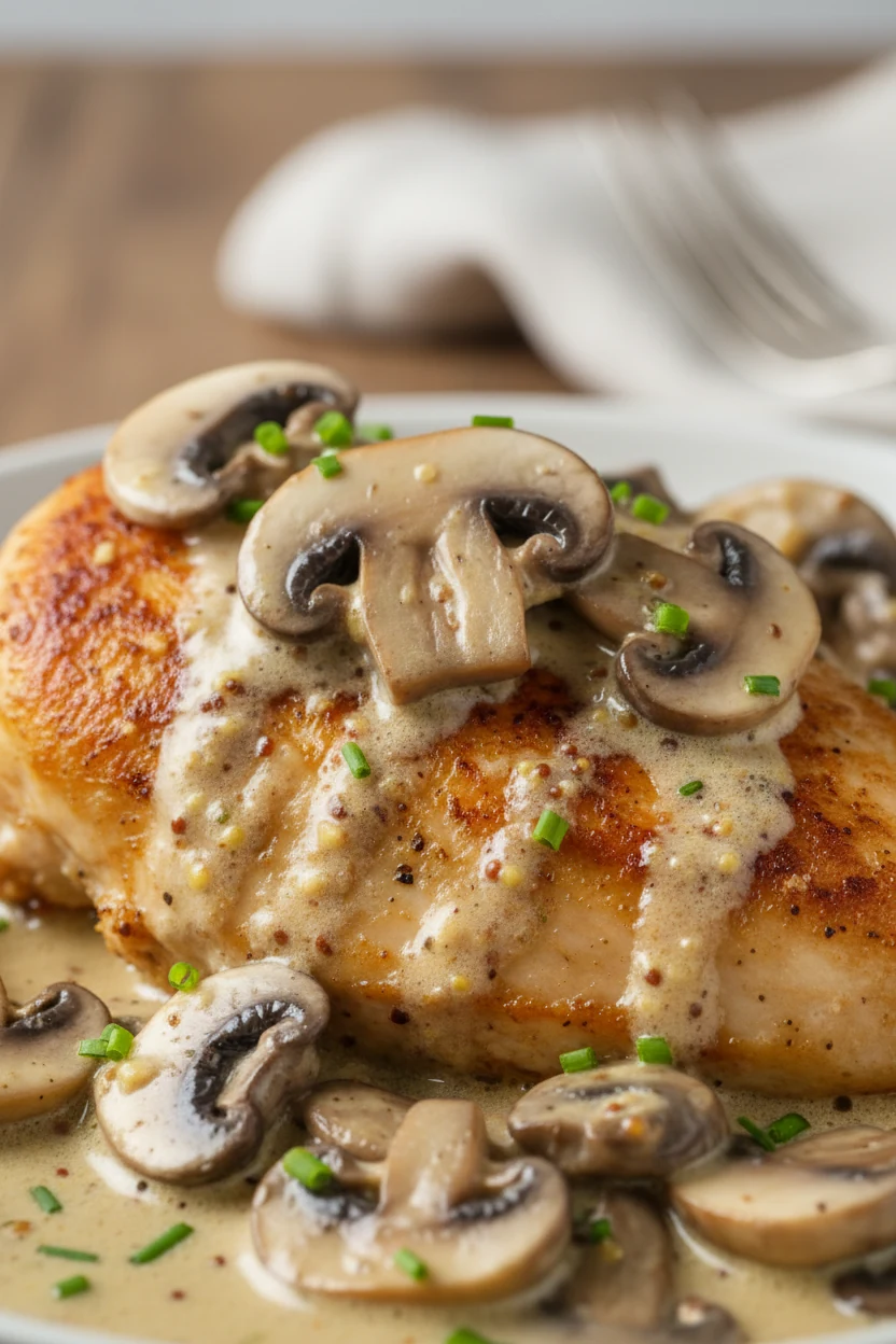 Close-up detail of seared chicken breast smothered in creamy mushroom-Dijon sauce; glossy cremini slices, silky cream cl