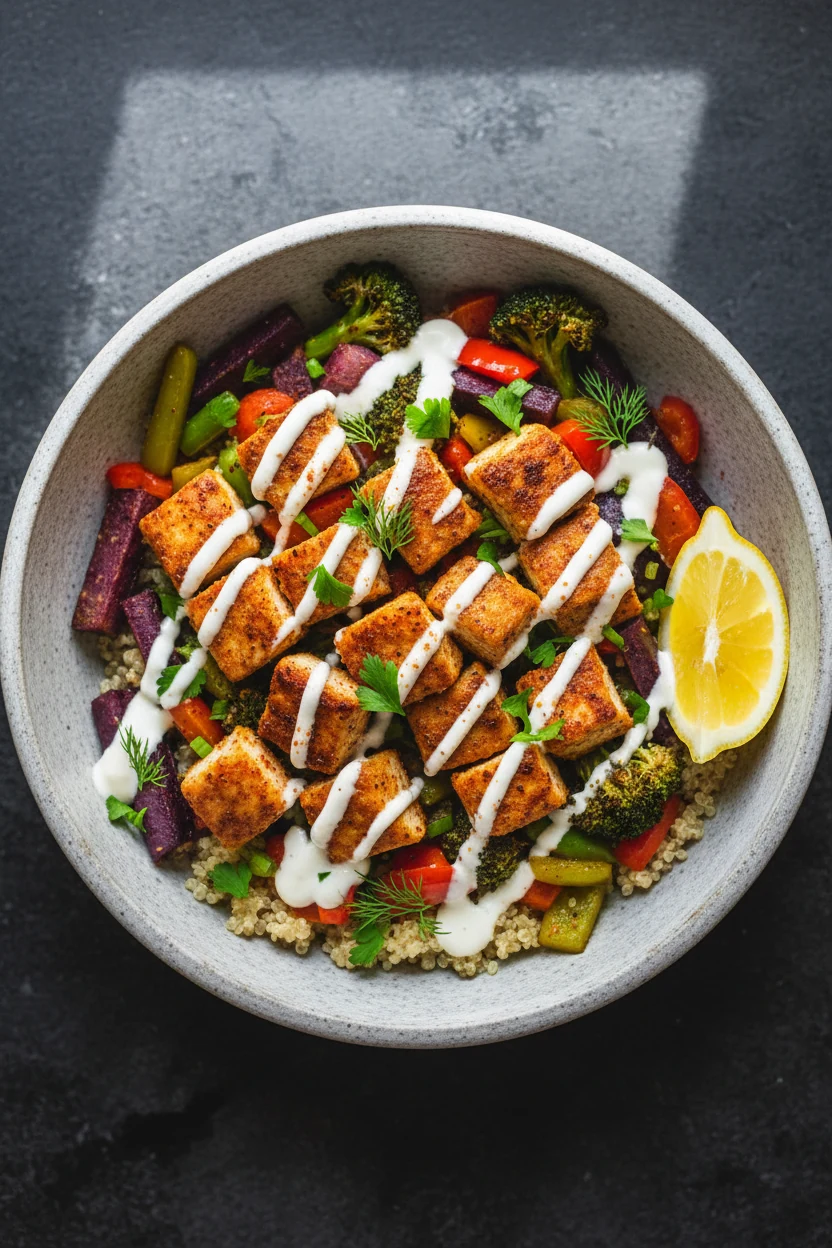 Overhead bowl: quinoa topped with air-fried chicken and colorful veggies, zigzag drizzle of lemon-yogurt sauce, fresh di
