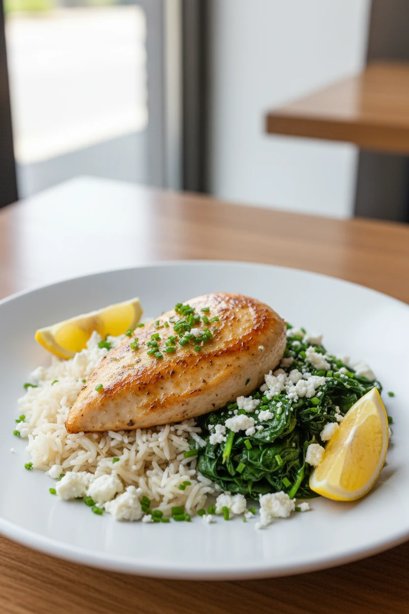 Final plated dish: lemon herb chicken with rice and wilted spinach, topped with chopped parsley/chives and optional lact