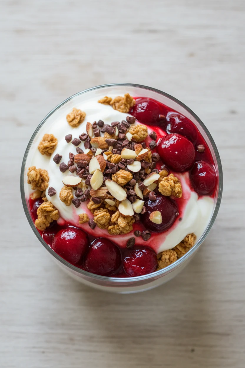 3. Overhead shot of a Greek yogurt parfait layered with golden granola and vibrant cherry compote, garnished with toaste