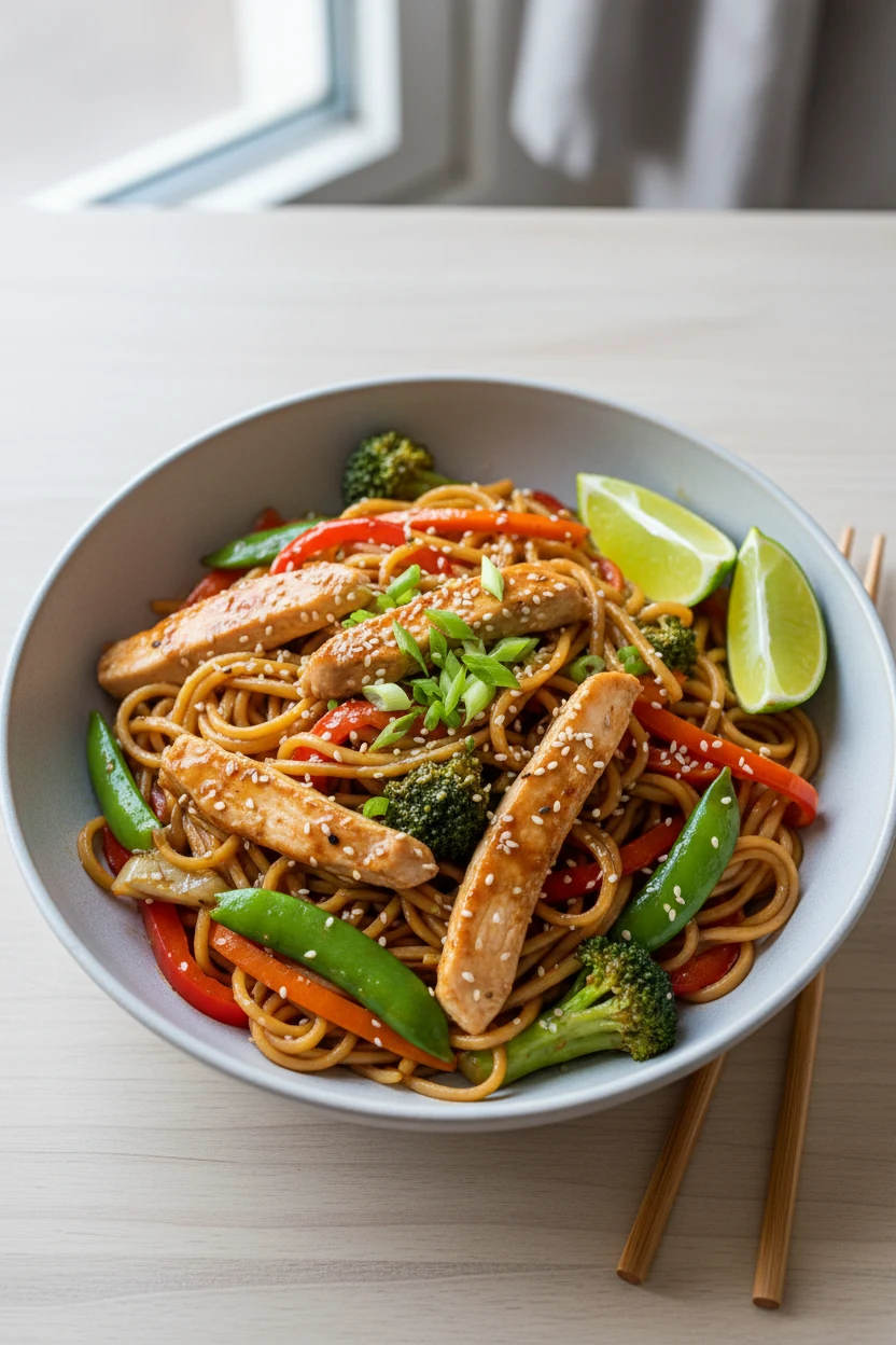 Overhead bowl of weeknight stir-fry noodles with sliced chicken, vibrant veg, shiny sauce, lime wedges, scallion rings, 