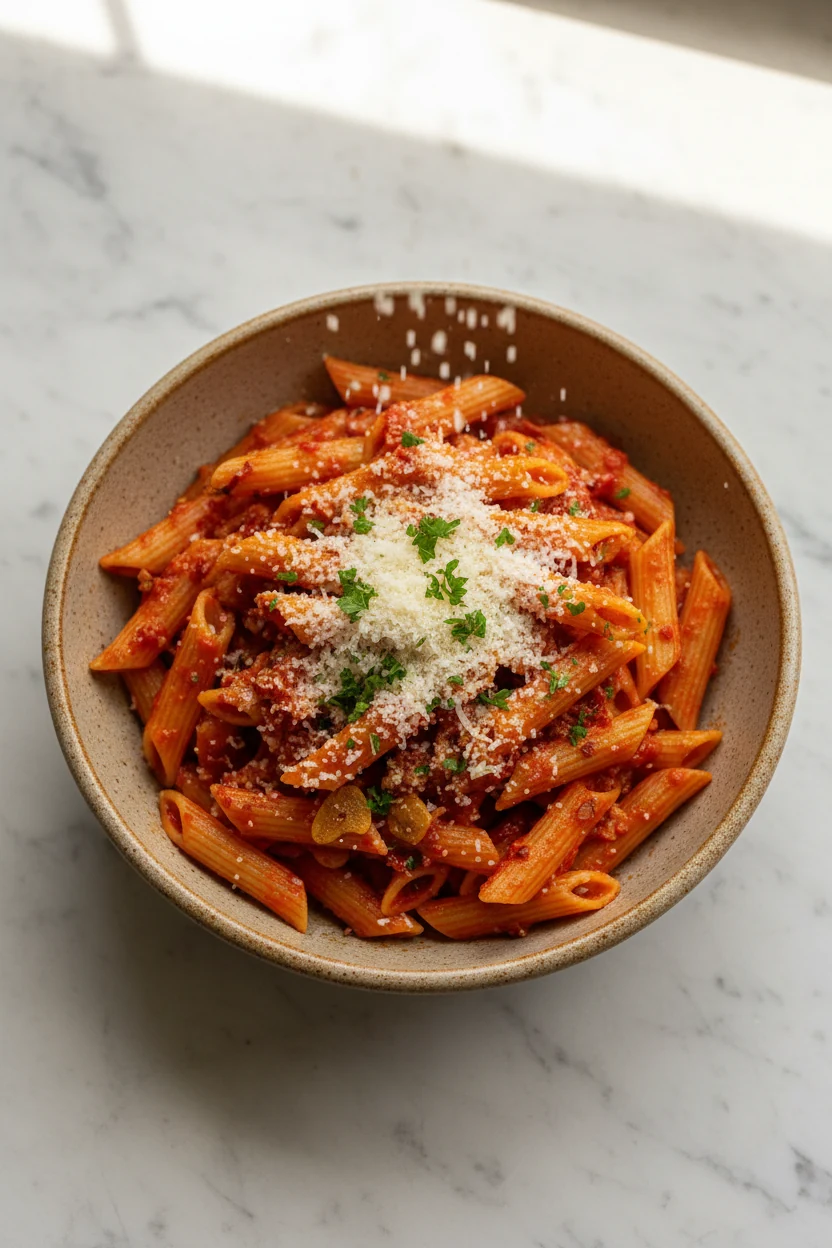 Overhead shot of Spicy Arrabbiata penne: fiery red sauce clinging to ridged pasta, visible red pepper flakes and extra g