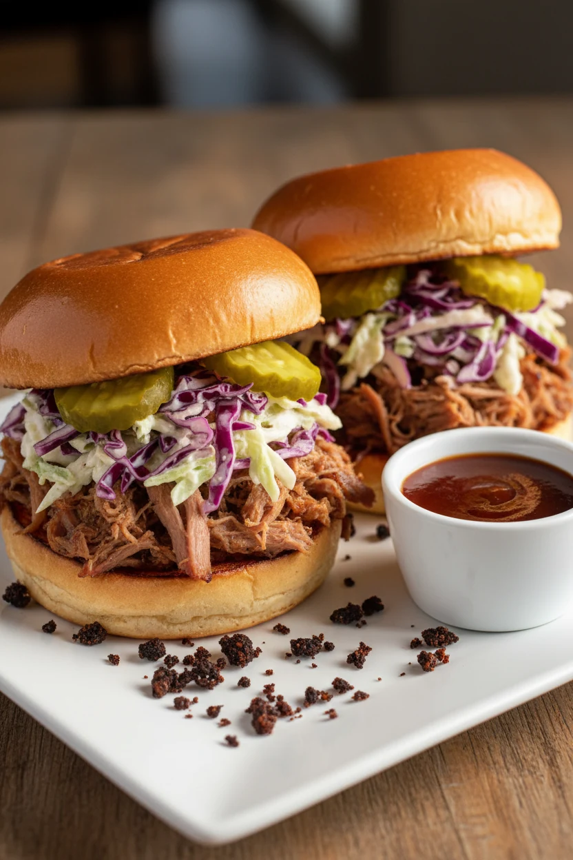 Final plate: pulled pork sandwiches on soft buns, topped with crunchy coleslaw and dill pickles, BBQ sauce on the side i