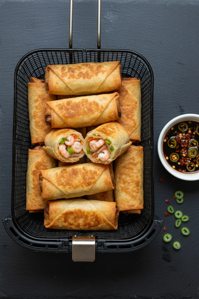 Tasty top view: overhead shot of air-fried egg rolls in the basket, evenly golden and blistered; one broken open reveali