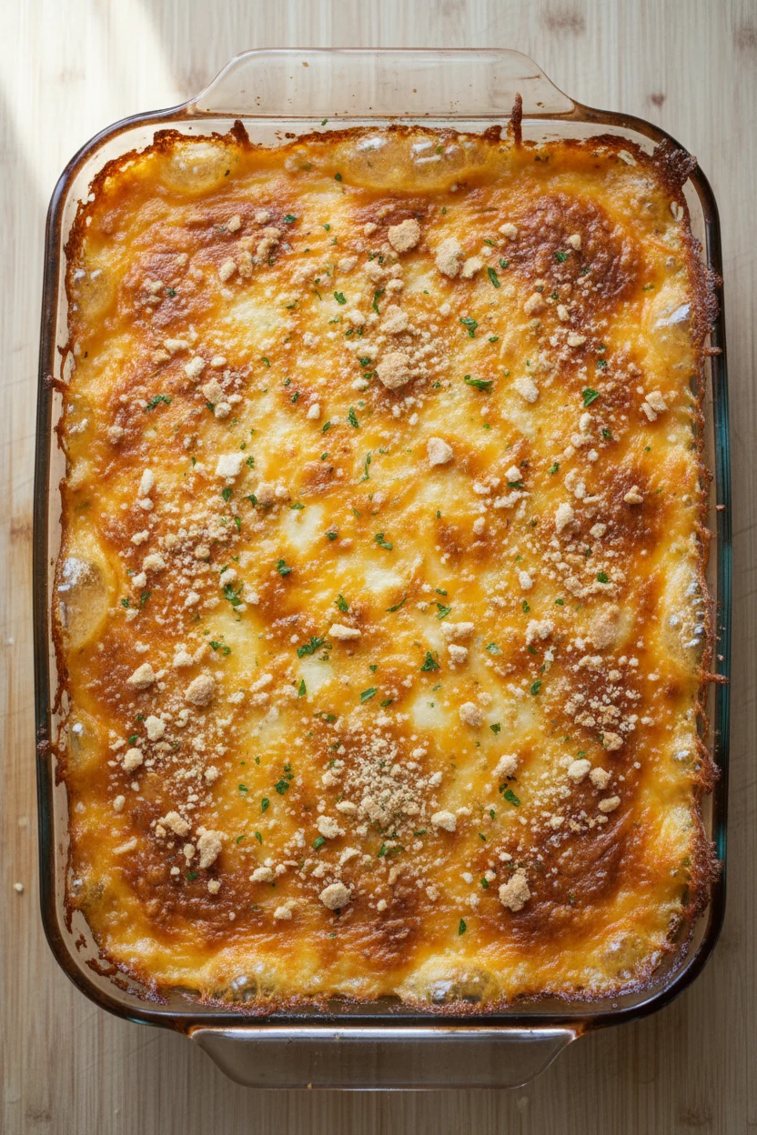 3. Overhead shot of the 9x13 pan after resting—evenly browned cheese cap, crushed butter cracker crumbs for texture, bub