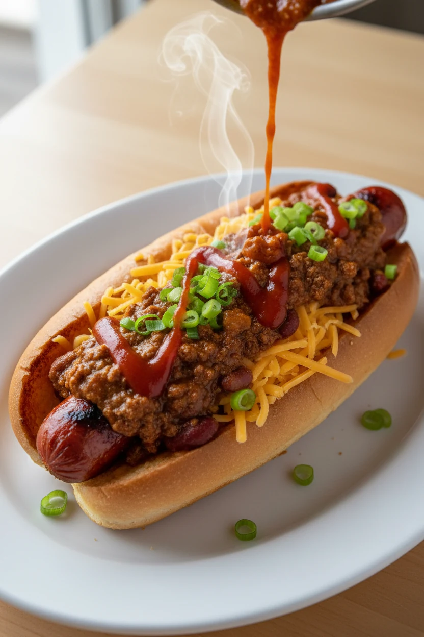 Tasty top view: Chili Cheese Classic with thick, steaming chili over a snap-grilled dog, melted shredded cheddar, sliced