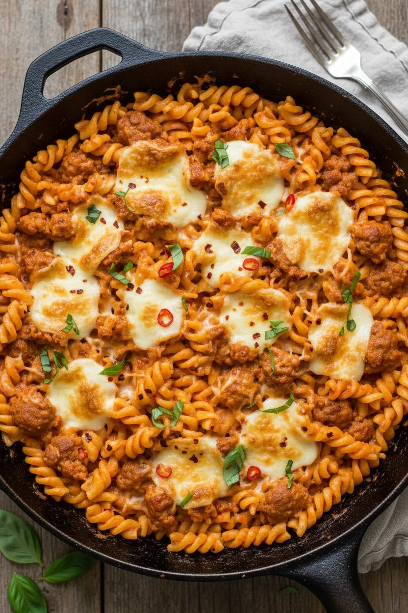 Overhead shot of finished one-pan sausage pasta in the skillet: melty mozzarella, al dente shells coated in tomato-cream