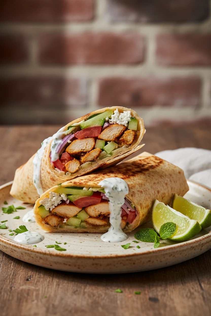 Beautifully plated Mediterranean shawarma-style chicken wrap, sliced diagonally; juicy chicken, cucumbers, tomatoes, red