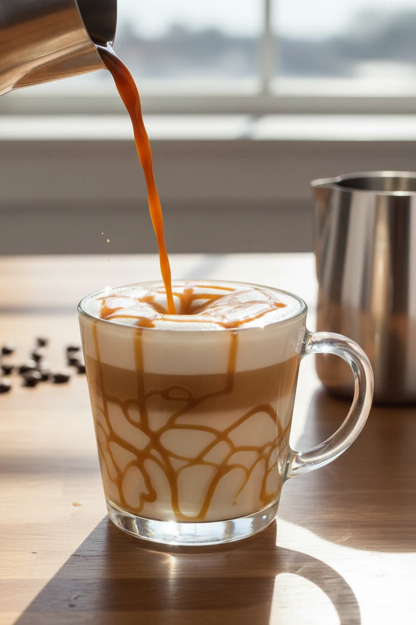 3. Cooking process shot—Caramel Macchiato being “marked”: espresso stream from an off-frame spouted pitcher hitting stea