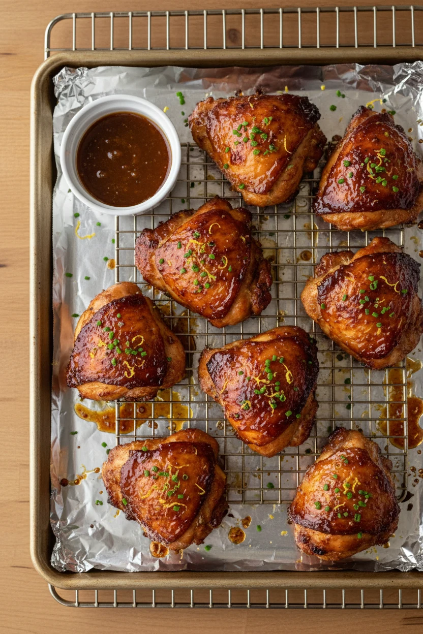 Overhead shot of roasted boneless chicken thighs on a foil-lined sheet pan over a wire rack, 425°F finish with brief bro