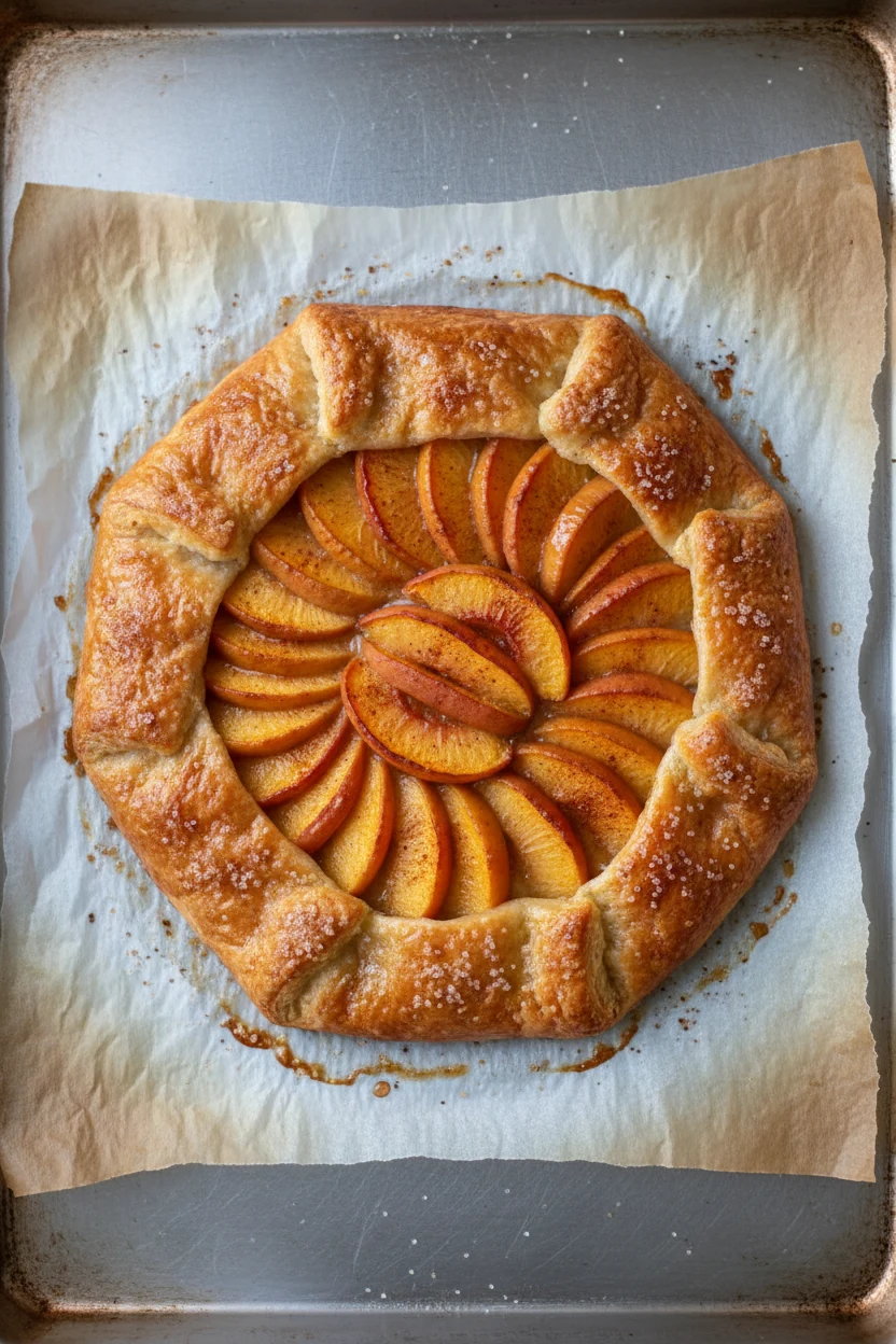 Tasty top view: puff pastry peach galette on parchment, overhead shot showing golden, egg-washed edges with sugar crysta