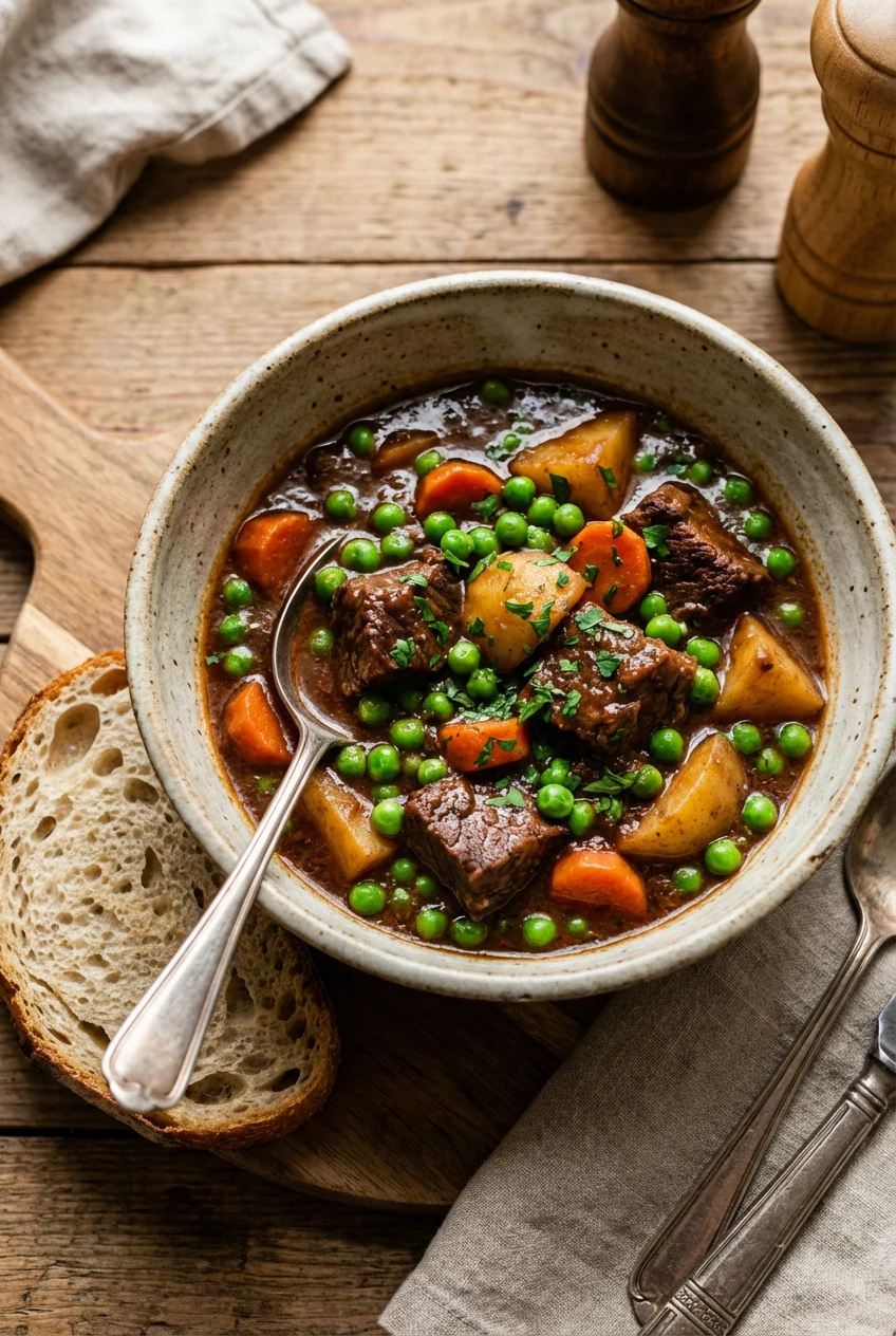 Beautifully plated slow cooker beef stew in a rustic ceramic bowl—glossy, spoon-coating sauce, bright green peas stirred