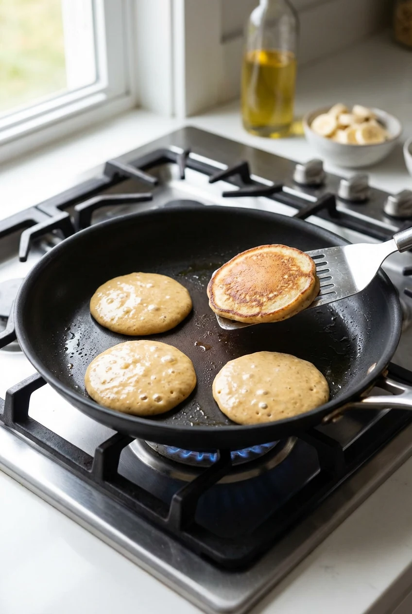 Cooking process: fluffy banana pancakes in a nonstick skillet, 1/4-cup rounds with bubbles across the surface and set ed