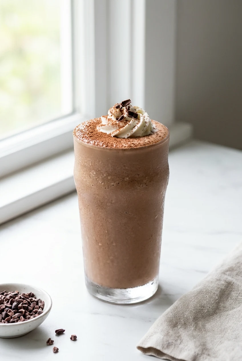 Mocha protein milkshake smoothie in a chilled glass, ultra-thick and velvety; dusted with cocoa and a soft swirl on top,