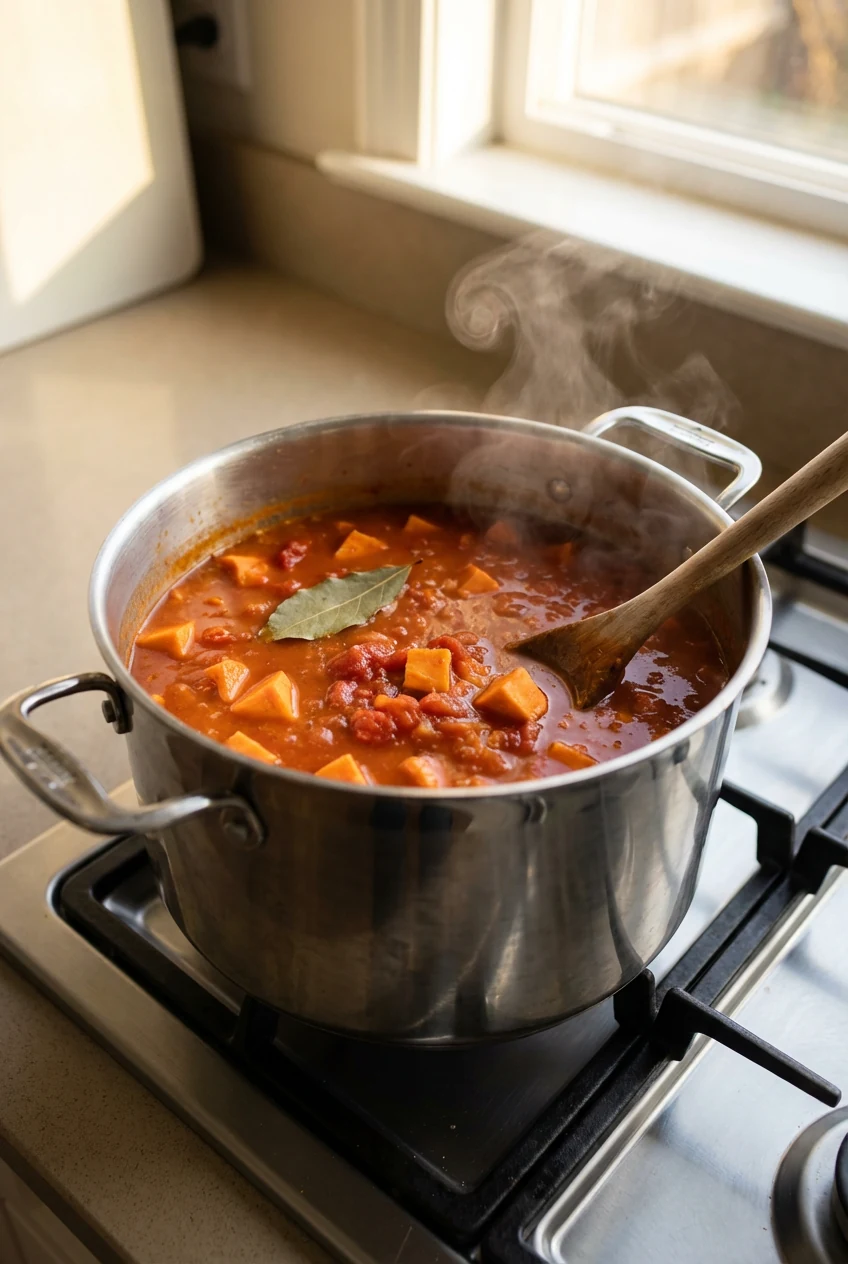 3. Cooking process: the stew simmering in a stainless pot after adding crushed tomatoes and sweet potato, gentle bubbles