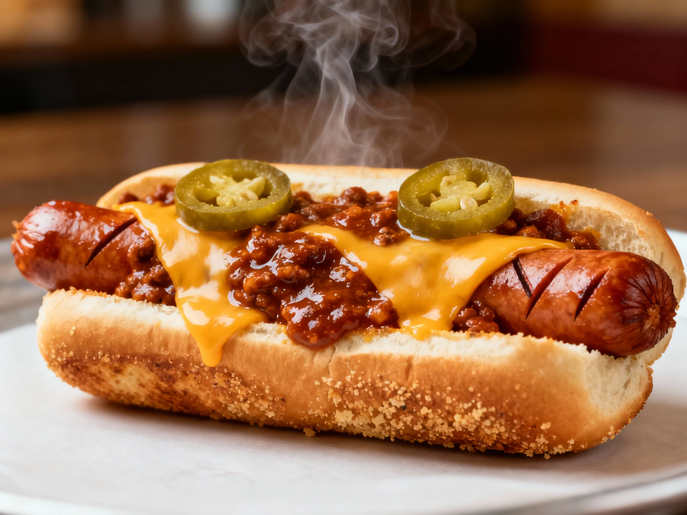 Food photography, Close-up of a Chili-Cheese hot dog: thick, glossy chili and melting sharp cheddar hugging the scored d