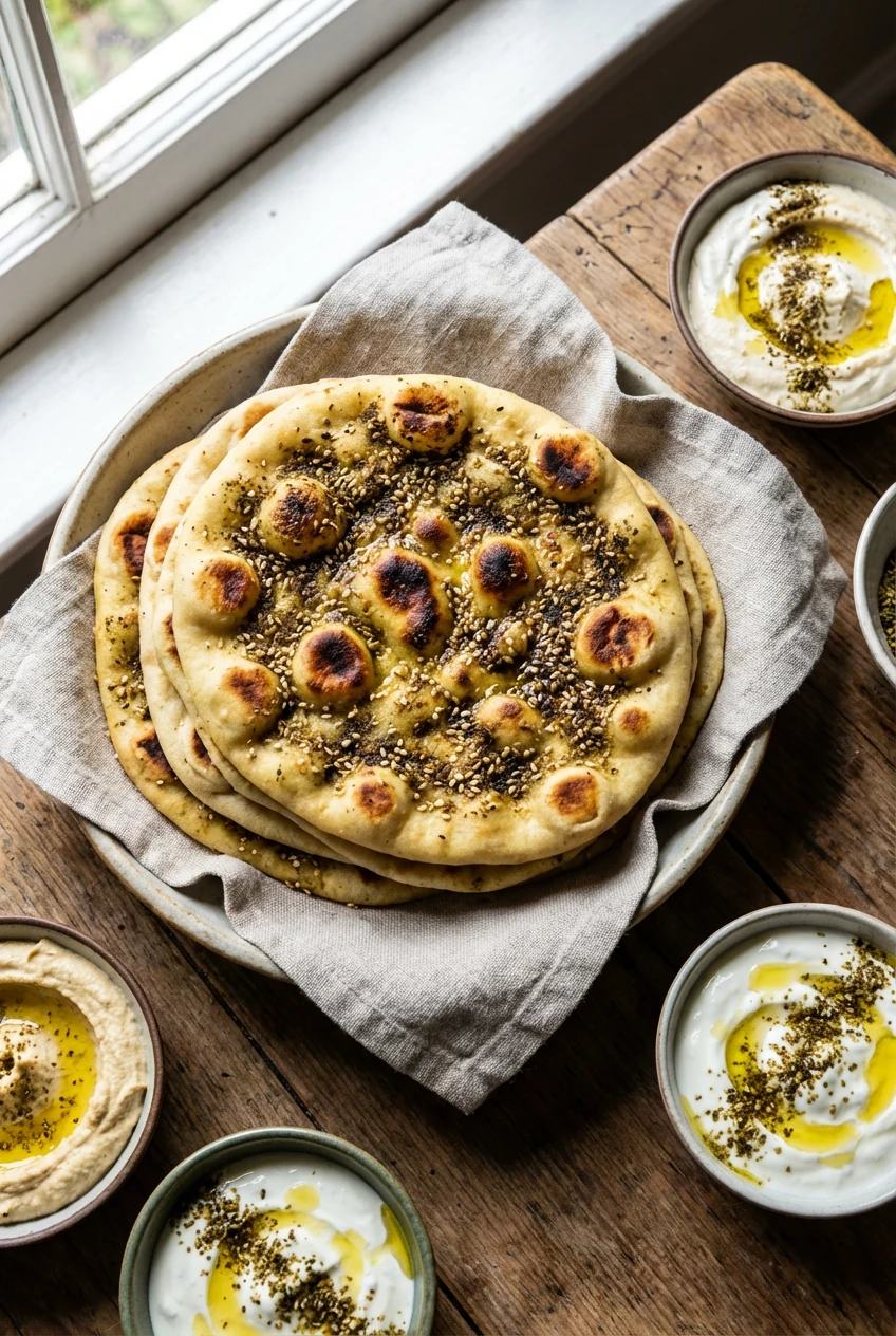 Tasty top view: overhead shot of za’atar + sesame flatbreads, seeds pressed into the surface, warm stack in a towel-line