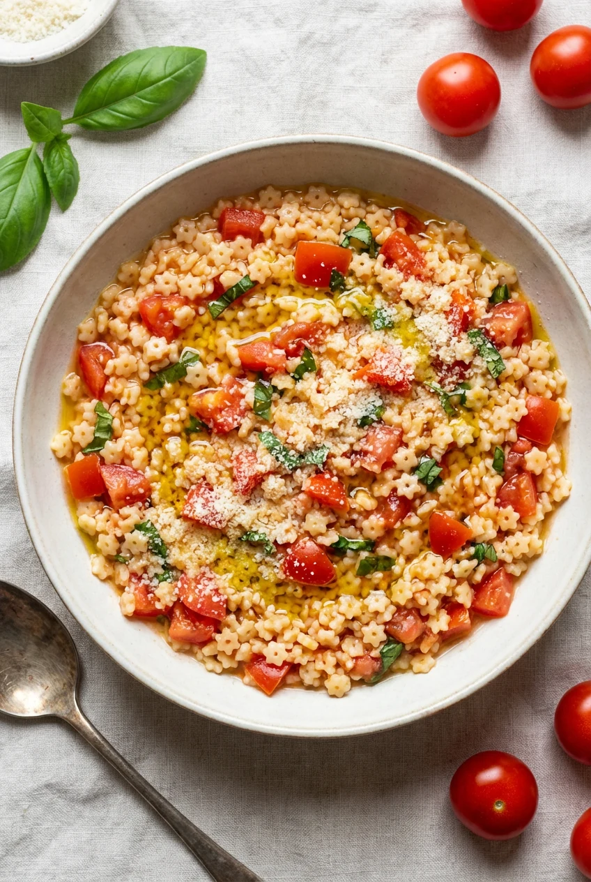 Tasty top view: Tomato–Basil pastina finished off-heat; diced tomatoes and chopped basil folded through, glossy olive oi