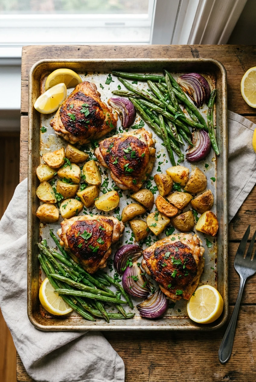 Overhead shot of the finished sheet pan for two: deeply browned chicken thighs, golden potatoes with crisp edges, bliste