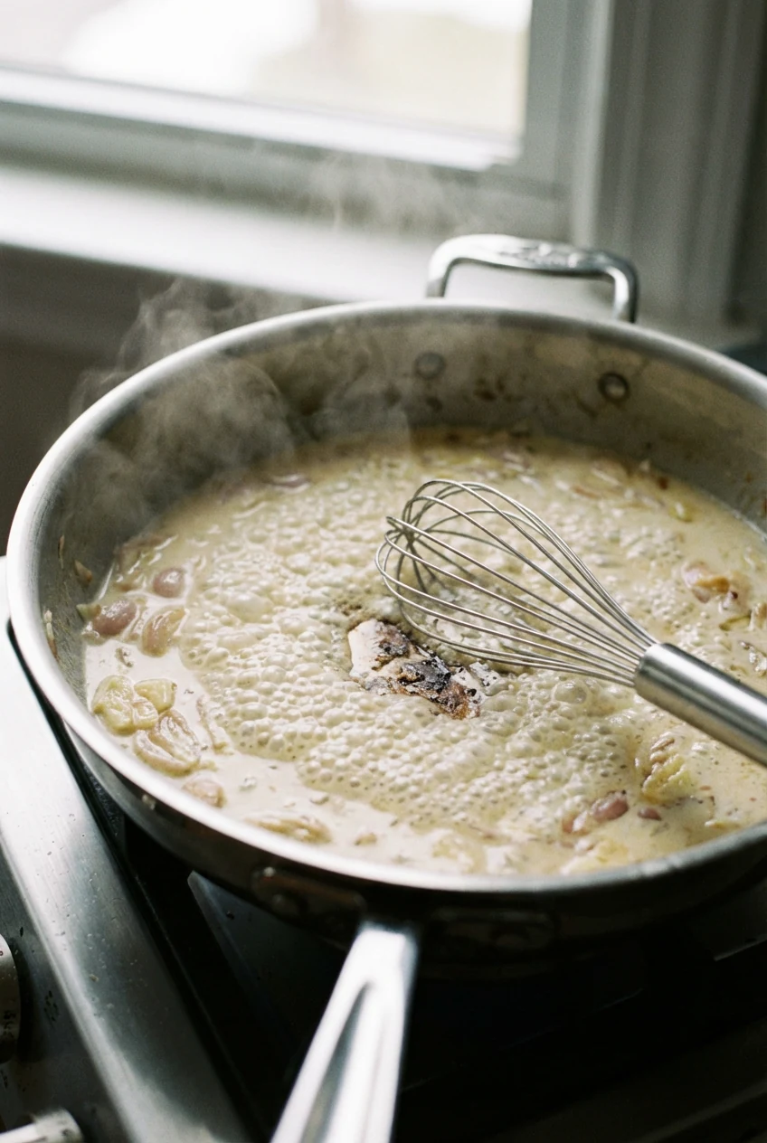 Cooking process: silky cream sauce after deglazing with white wine, micro-bubbles and gentle steam; softened shallot and