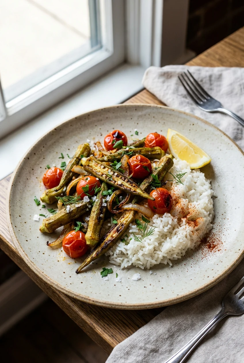 Beautifully plated crispy skillet okra with onions and cherry tomatoes over warm rice on a matte ceramic plate, sprinkle