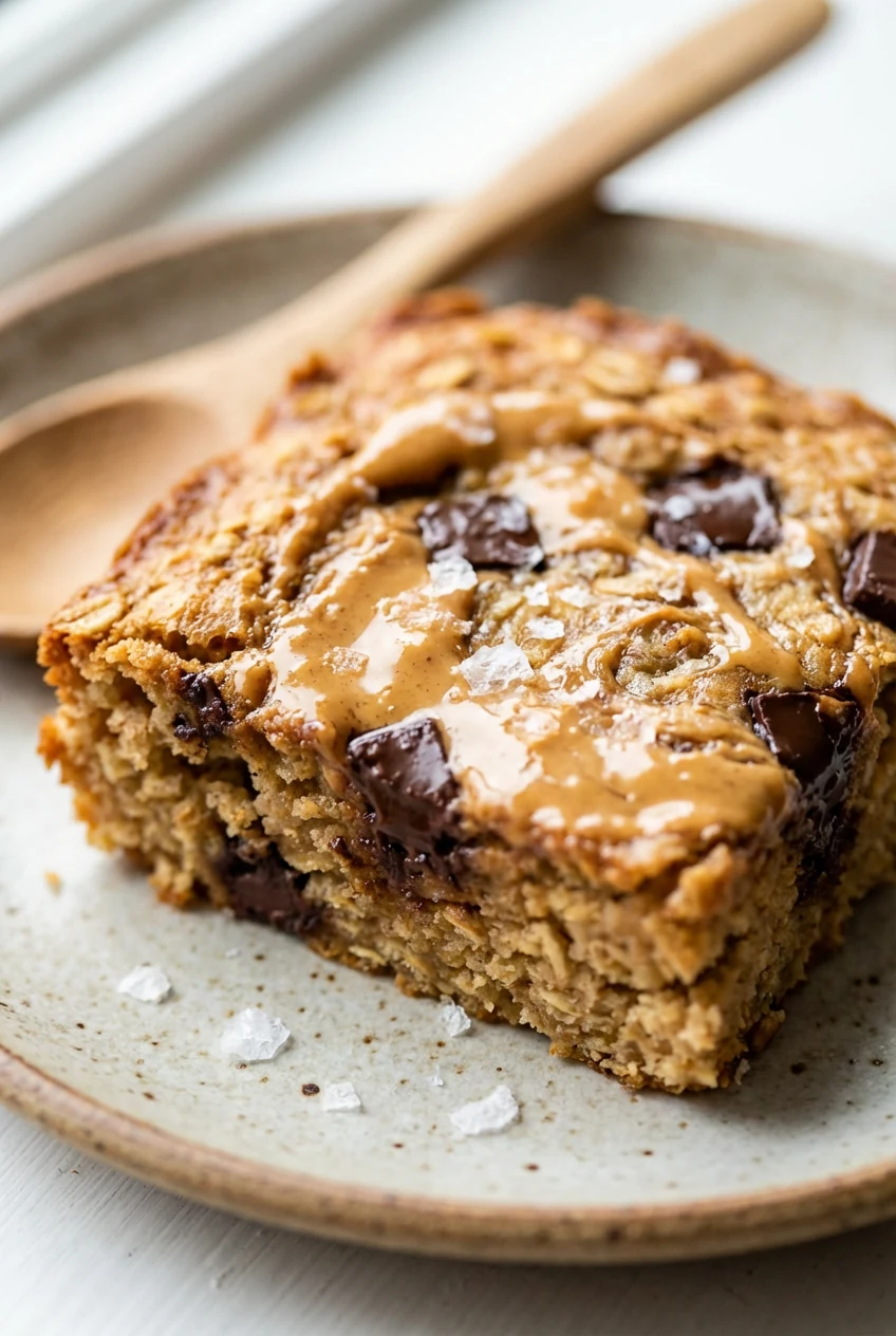 Close-up detail: Peanut Butter Cup baked oatmeal with glossy peanut butter swirls, melty dark chocolate chips, tender oa